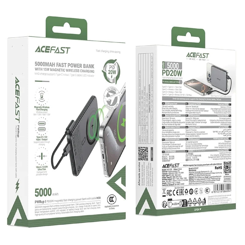 Acefast 5000Mah Fast Power Bank With 15W Magnetic Wireless Charging